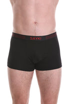 Black sayki boxer briefs with a red logo and dotted pattern on the waistband.