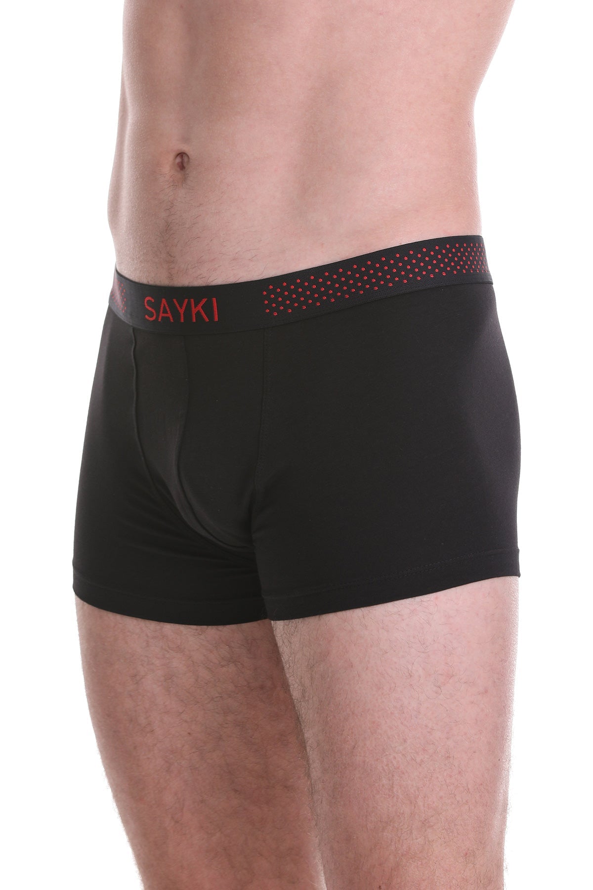 Black sayki boxer briefs with a red logo and dotted pattern on the waistband.