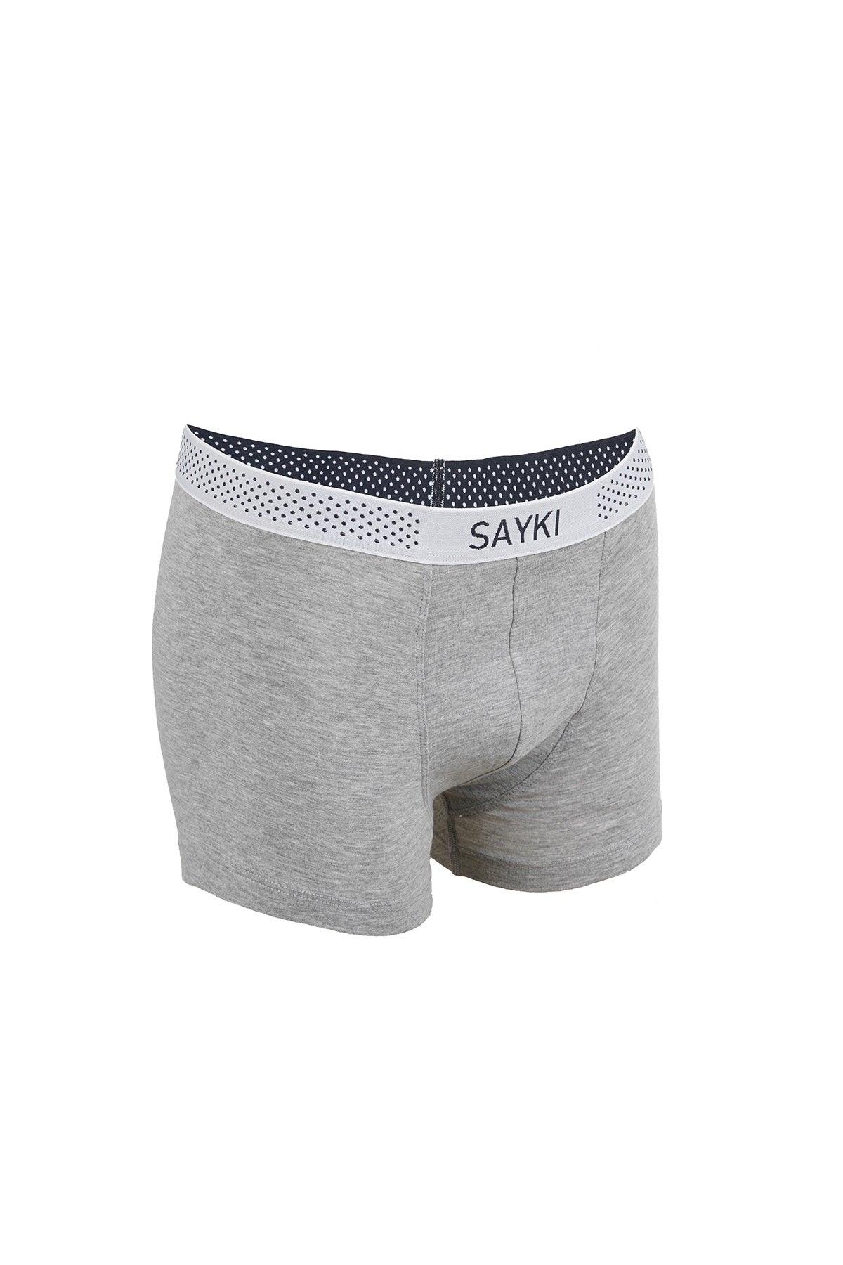 Gray heathered boxer briefs with a white waistband featuring the ’sayki’ brand name and perforated detailing.