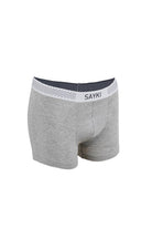 Gray heathered boxer briefs with a white waistband featuring the ’sayki’ brand name and perforated detailing.