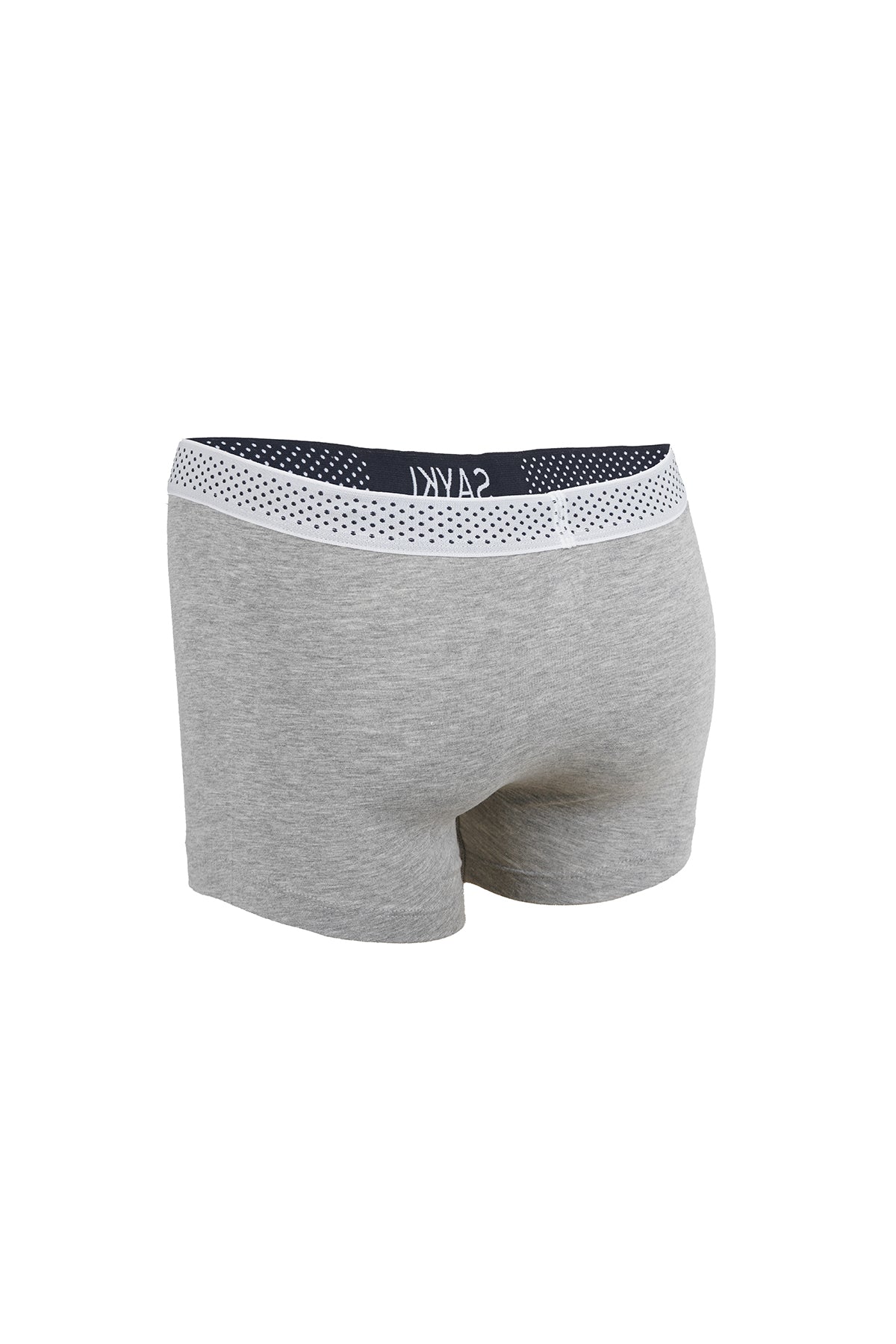 Gray heathered boxer briefs with a white perforated waistband featuring the ’sand’ brand name in black.