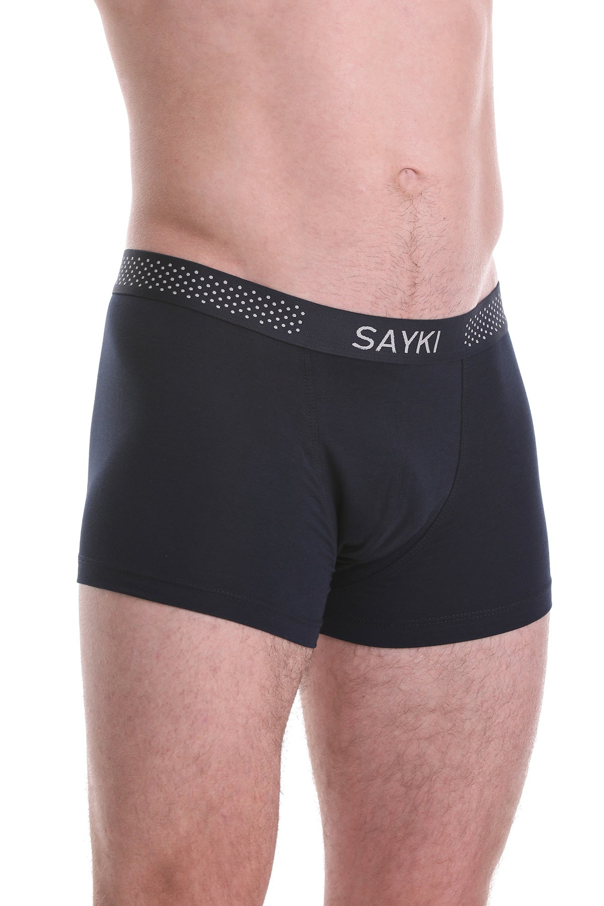 Black sayki men’s boxer briefs with a white logo and dotted pattern on the waistband.
