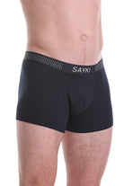 Black sayki men’s boxer briefs with a white logo and dotted pattern on the waistband.