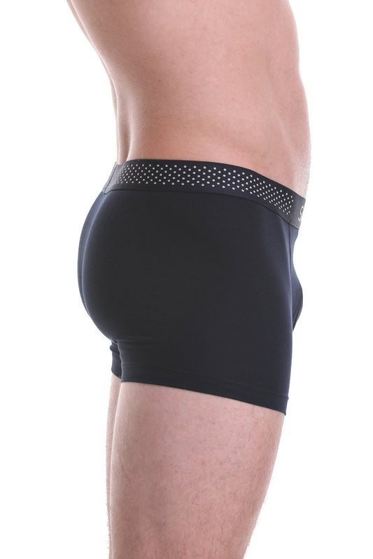 Black men’s boxer briefs with a decorative waistband featuring white dot patterns.