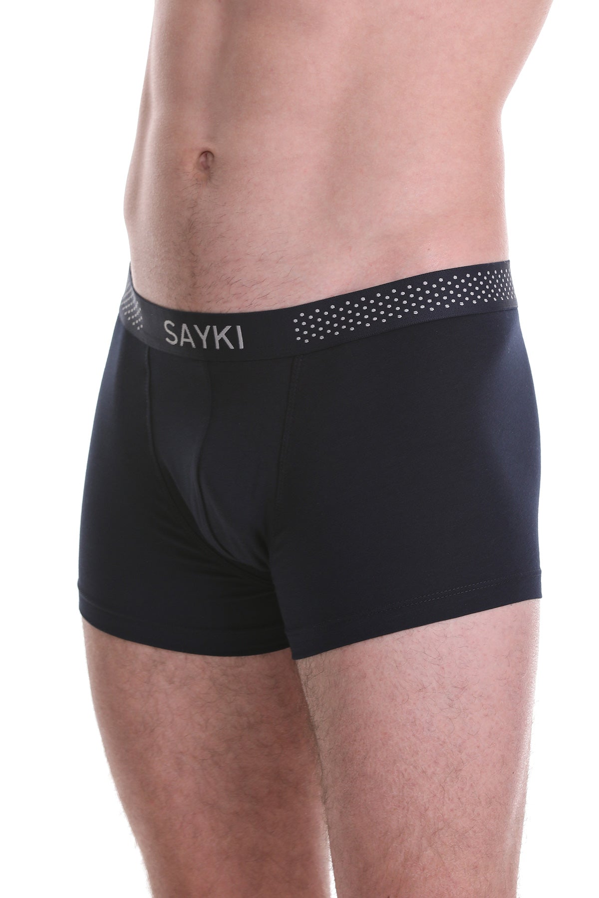 Black sayki boxer briefs with a dotted waistband.
