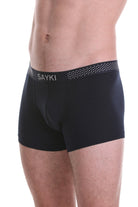 Black sayki boxer briefs with a dotted waistband.