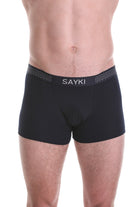 Black sayki boxer briefs with a patterned waistband.