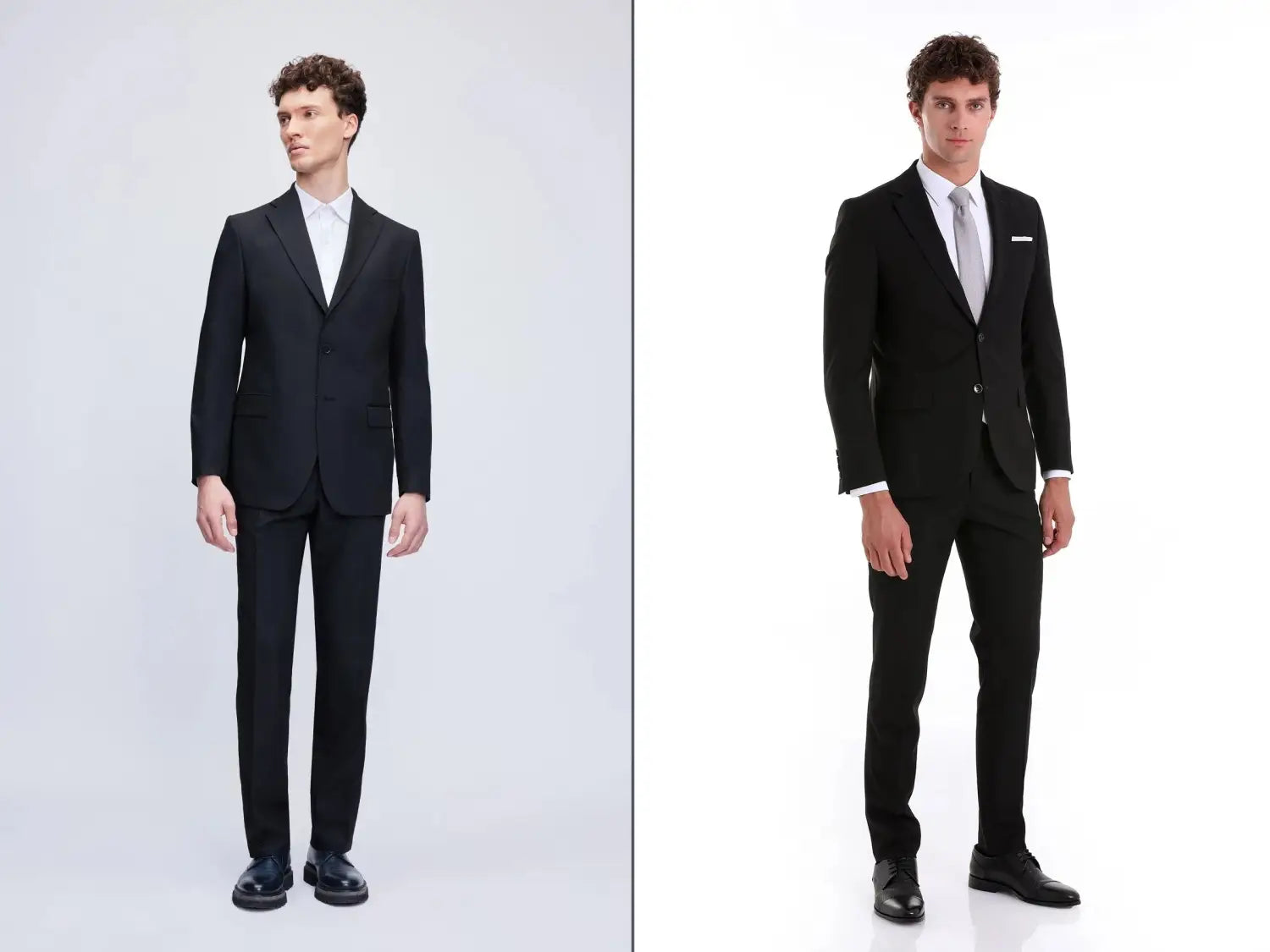 Side by side comparison of modern fit and slim fit black men’s suits, showing relaxed versus tailored silhouette in a minimalist white studio.