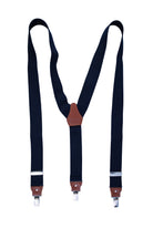 Navy clip suspenders with ribbed fabric leather trim and silver metal clasps for a stylish hold