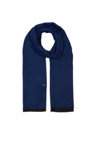 A navy blue scarf with a subtle sheen and black trim along the edges.