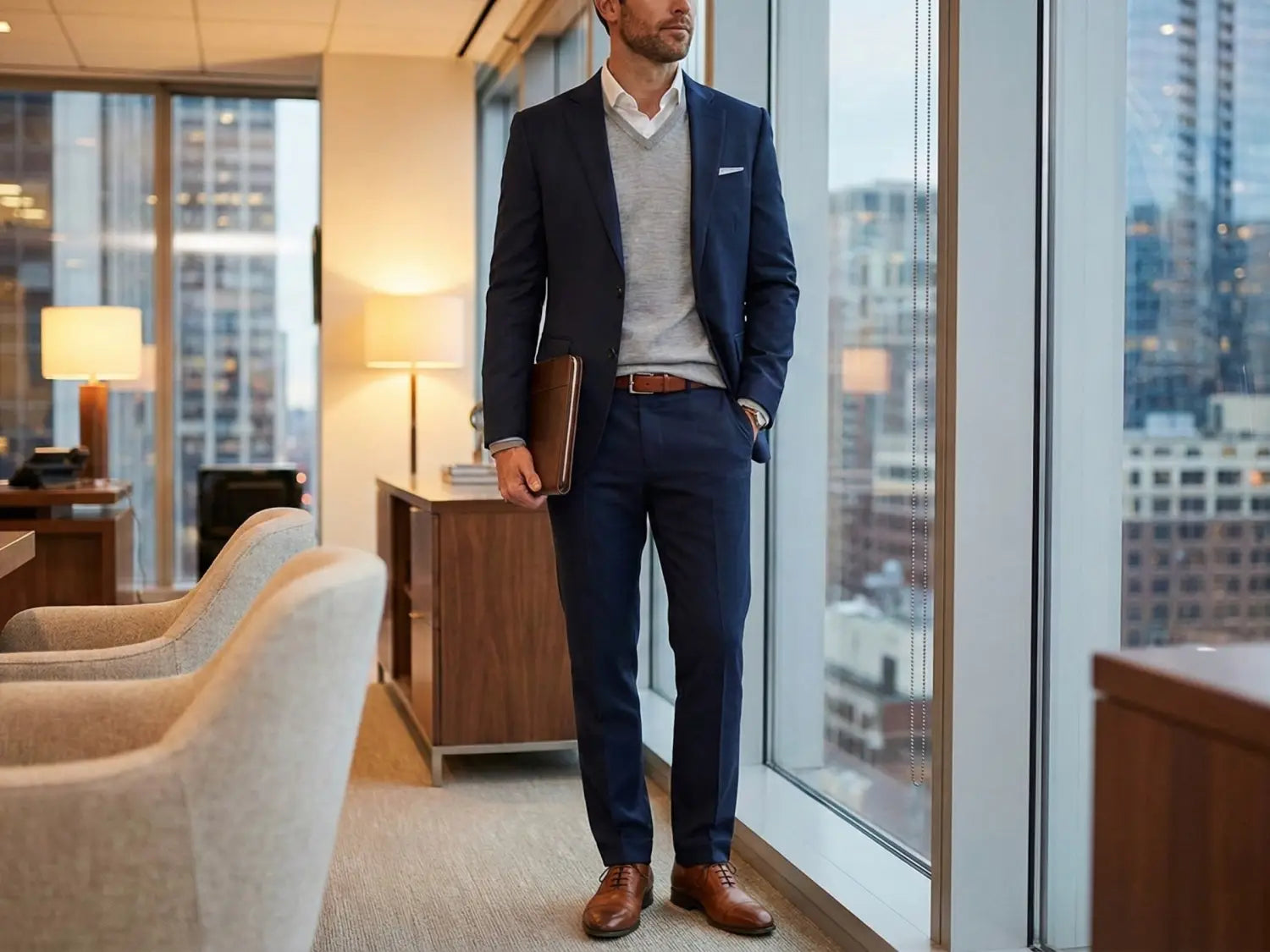 Businessman wearing a navy modern fit suit layered with a gray V-neck sweater and white dress shirt, styled with brown leather oxford shoes in a modern office setting with city view.