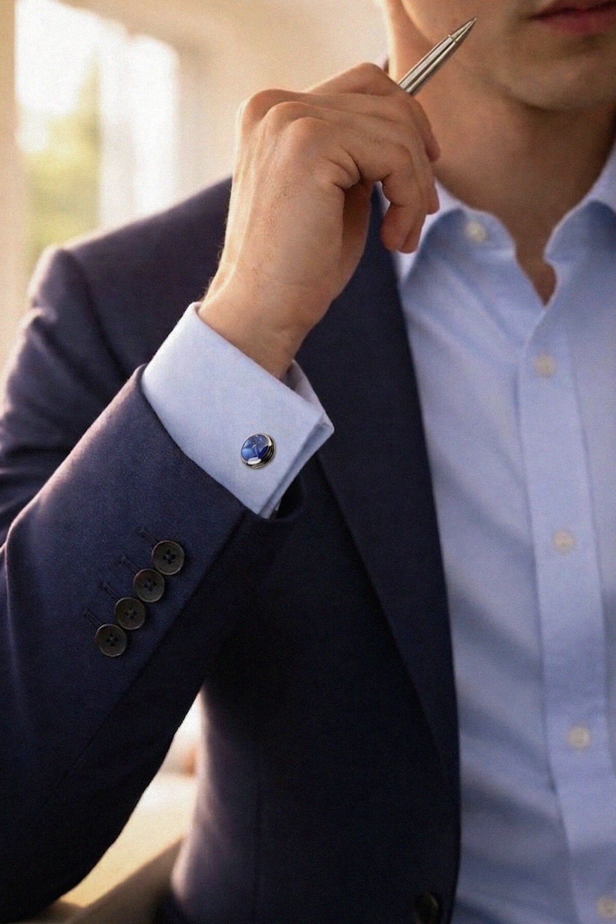Navy natural stone round cufflinks with blue natural stone and silver-toned border on a navy suit jacket wrist