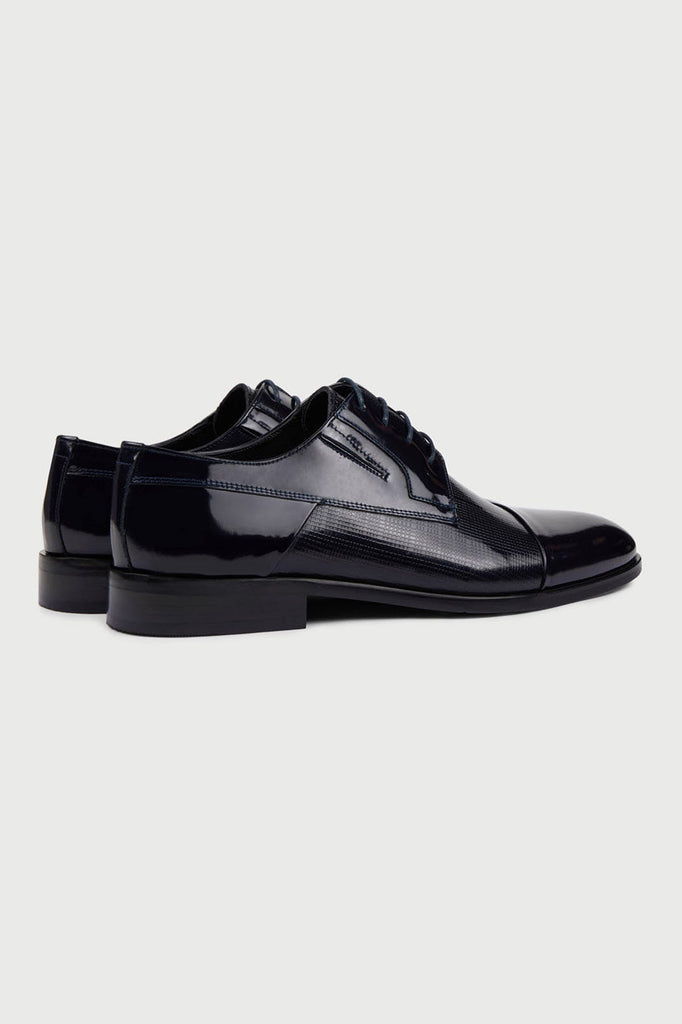 Navy Patent Leather Lace-Up Tuxedo Shoes - MIB