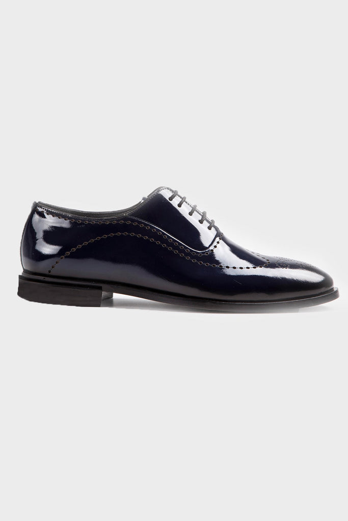 Navy Patent Leather Lace-Up Tuxedo Shoes - MIB
