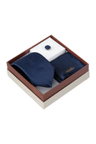 Navy patterned tie with textured fabric in a gift box included with matching pocket square and lapel pin set