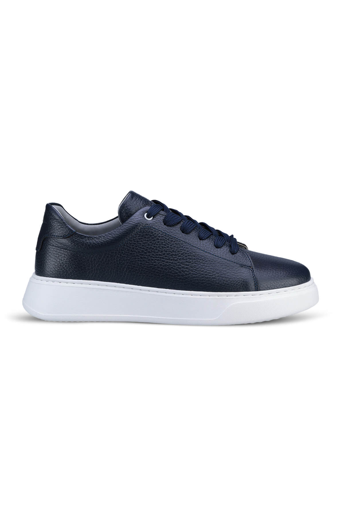 Dark blue leather low-top sneaker with a white rubber sole.