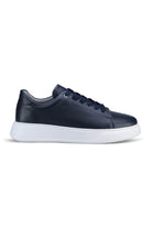 Dark blue leather low-top sneaker with a white rubber sole.