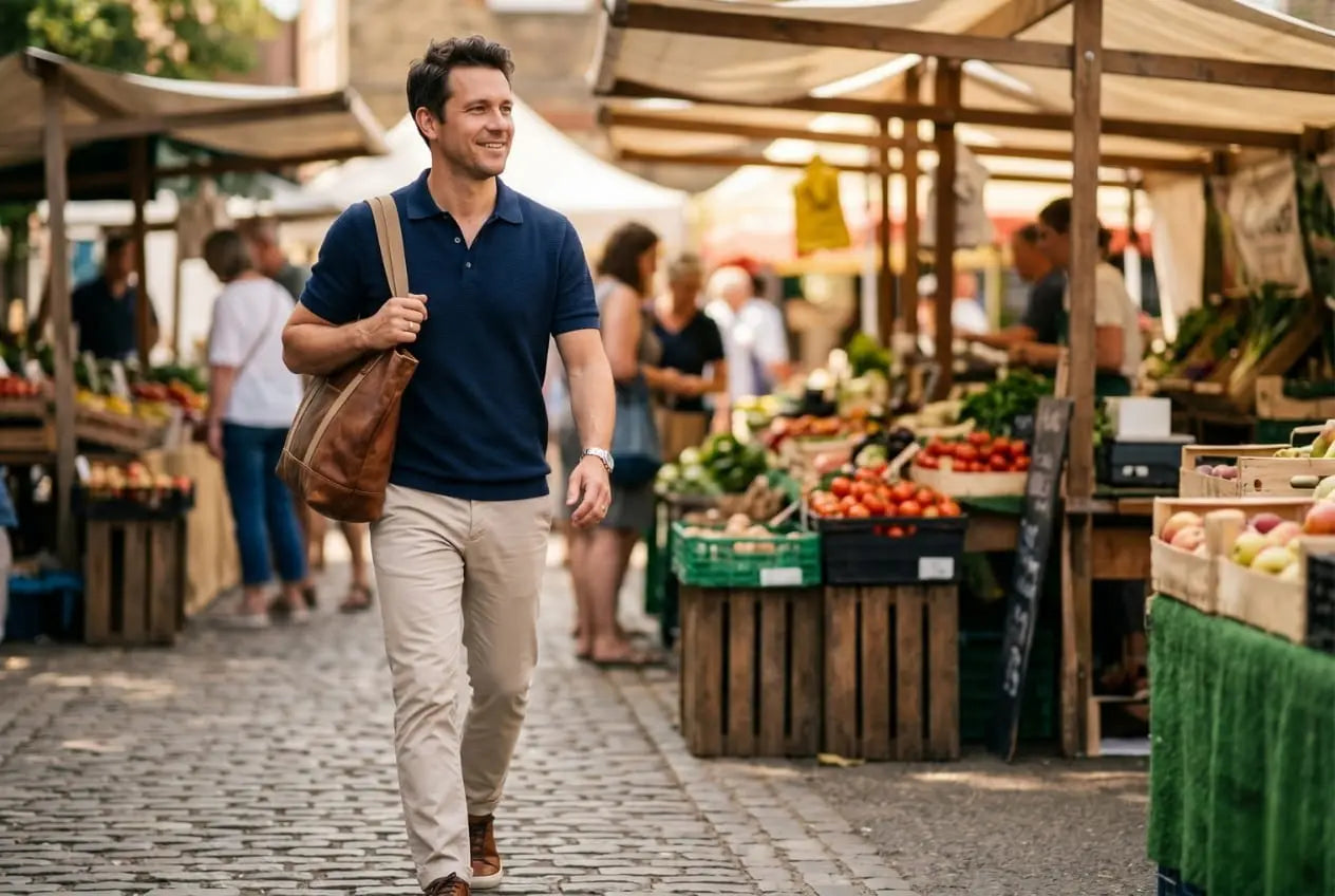 Man wearing a navy pique cotton polo shirt with stone chinos and a brown leather tote bag walking through a sunny outdoor farmers' market