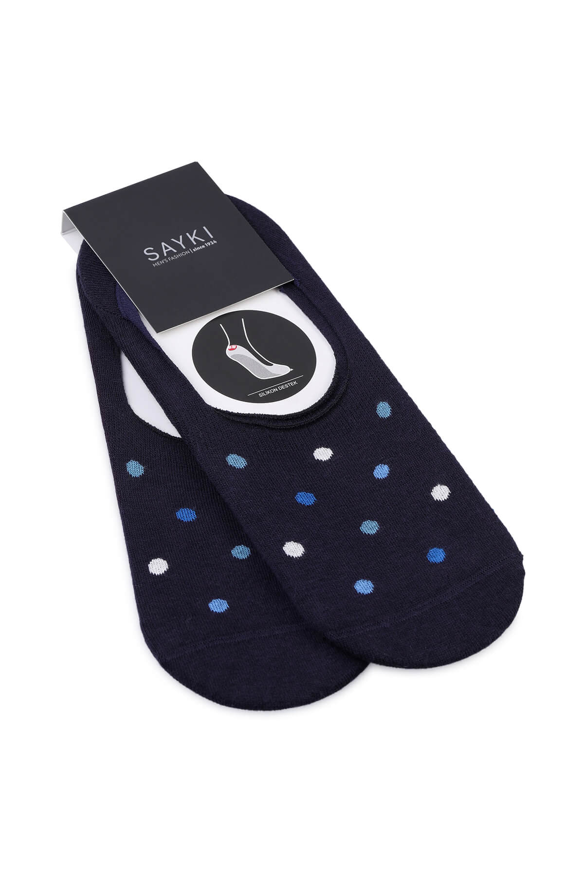 Navy polka dot no-show socks by sayki with dark blue fabric and light blue and white polka dots for discreet wear