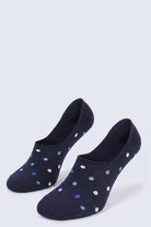 Navy polka dot no-show socks in dark blue with white and light blue polka dot pattern for low-cut shoe wear