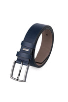 Navy blue textured leather belt with a silver-toned buckle and a subtle brand tag on the strap