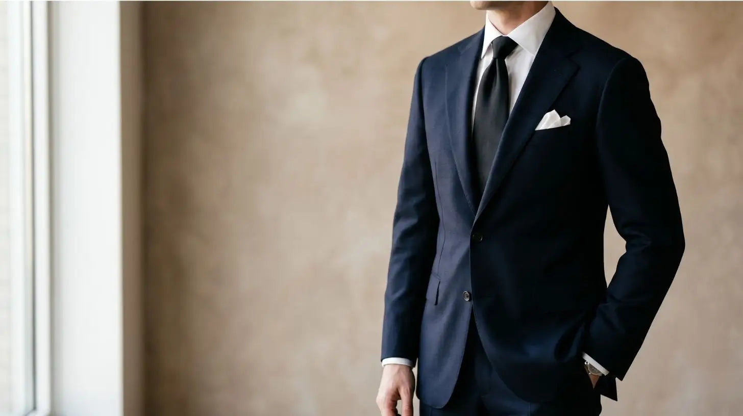 Midnight navy worsted wool suit with black tie and white pocket square on a male model in a relaxed three-quarter turn, no face