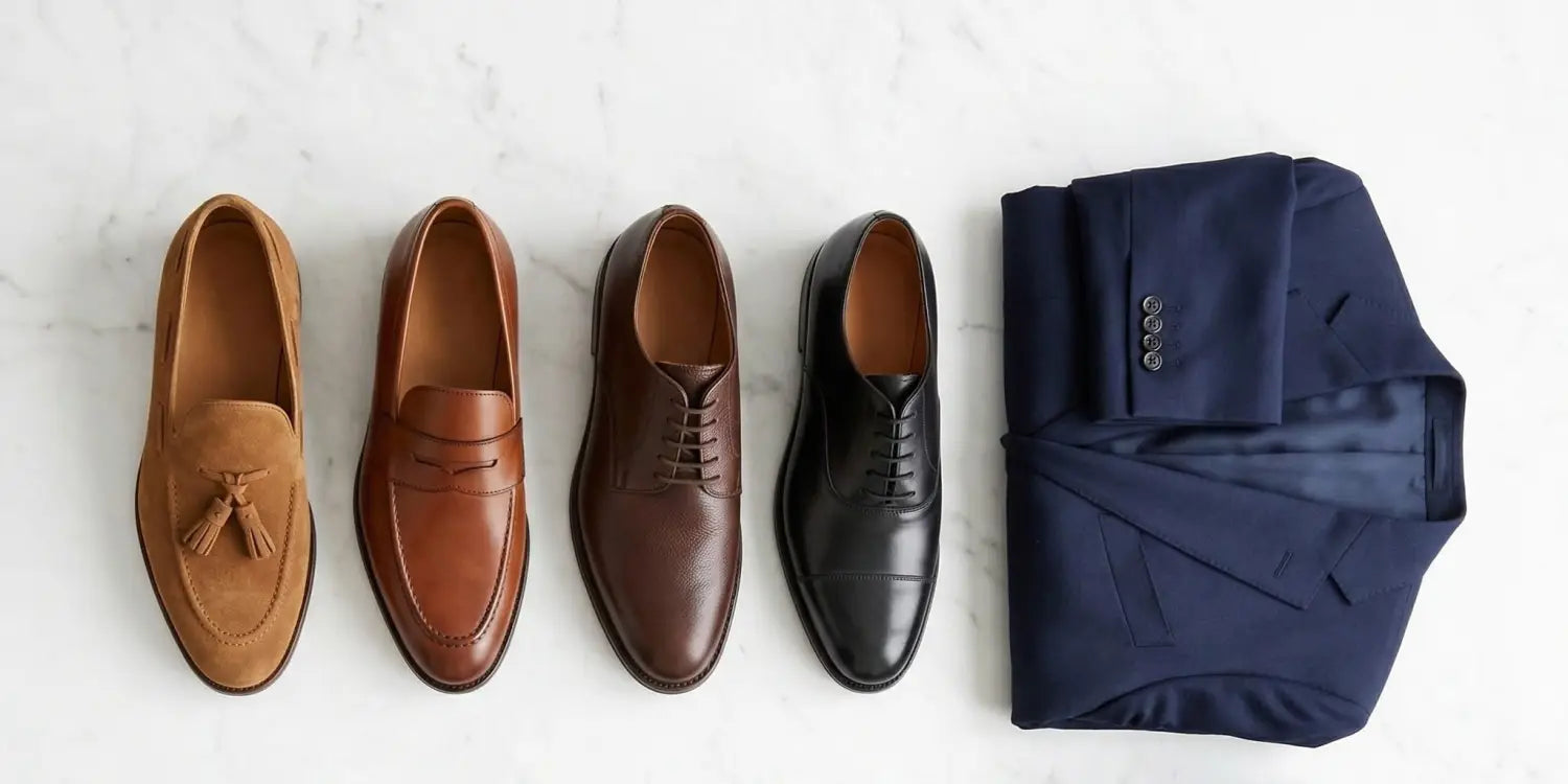 Flat lay of four shoe color options for a navy suit on white marble: tan suede tassel loafer, cognac penny loafer, dark brown derby, and black oxford next to a folded navy suit jacket