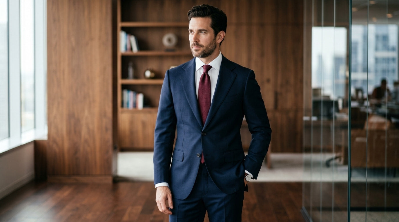 Man wearing navy worsted wool business suit with white dress shirt and burgundy tie standing in a modern executive office for daily business styling
