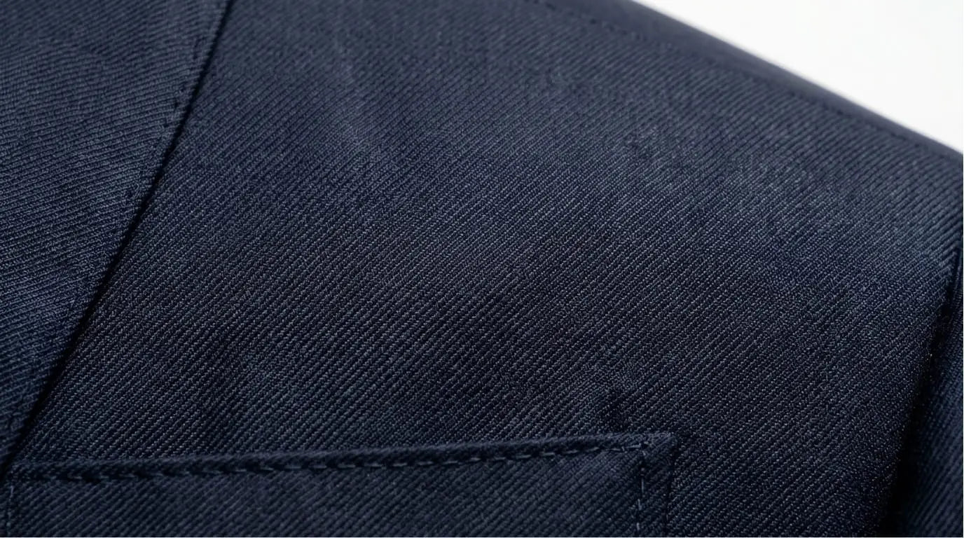 Close-up of navy worsted wool suit jacket fabric showing smooth diagonal twill weave with chest pocket welt detail
