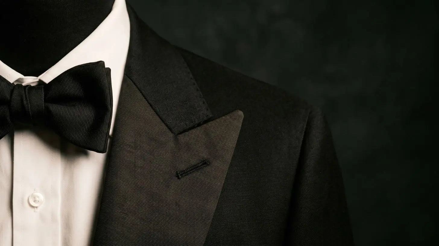 Close detail of a black tuxedo peak lapel with satin facing beside a self-tie bow tie, lit in low-key evening light