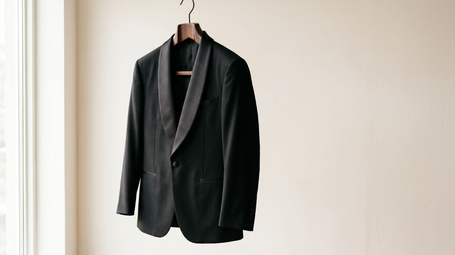 Black shawl-collar tuxedo jacket with a smooth satin lapel shown at a three-quarter angle on a warm off-white backdrop