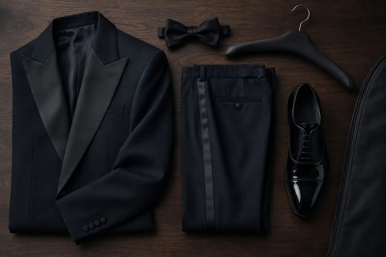 Owned black tuxedo flat lay with peak lapel jacket, satin-striped trousers, bow tie, patent shoe, padded hanger, and garment bag