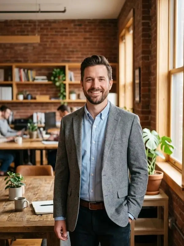 Man in a light blue Oxford button-down collar shirt worn open-collar with a grey blazer in a business casual office