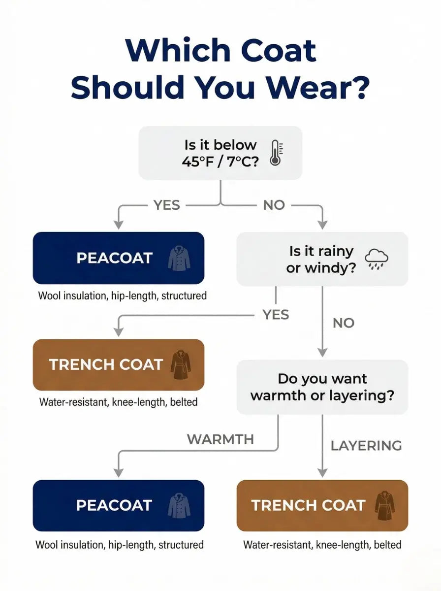 Decision flowchart showing how to choose between a peacoat and a trench coat based on temperature, rain, and whether you need warmth or layering