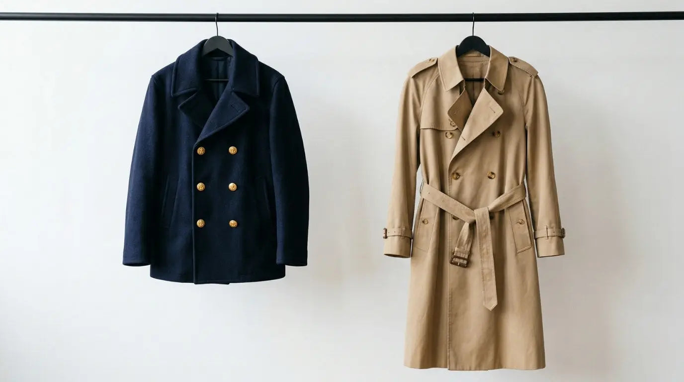 Navy wool peacoat and tan gabardine trench coat hanging side by side on a clothing rail showing the length difference between the two styles