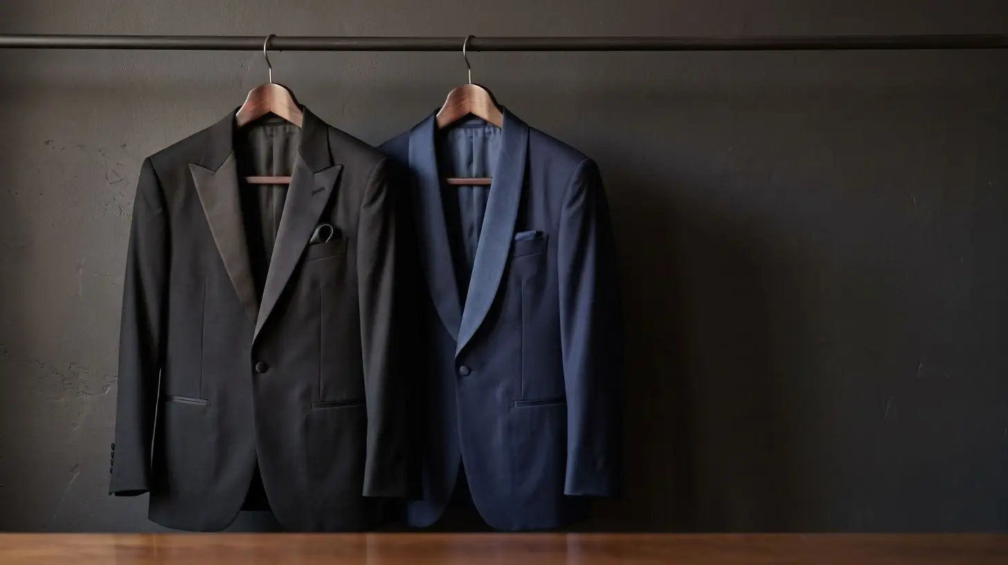 Peak lapel tuxedo jacket and shawl lapel tuxedo jacket displayed side by side on wooden hangers against a neutral gray background, satin facings catching the light