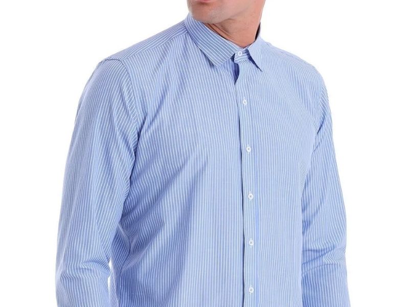 Close-up of a blue pinstripe formal dress shirt with thin white vertical lines