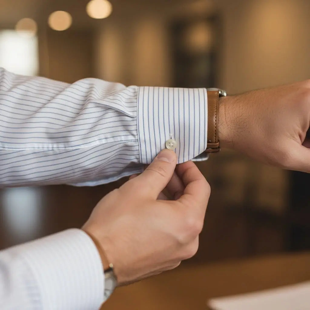 Person adjusting the cuff of a striped shirt with a blurred background