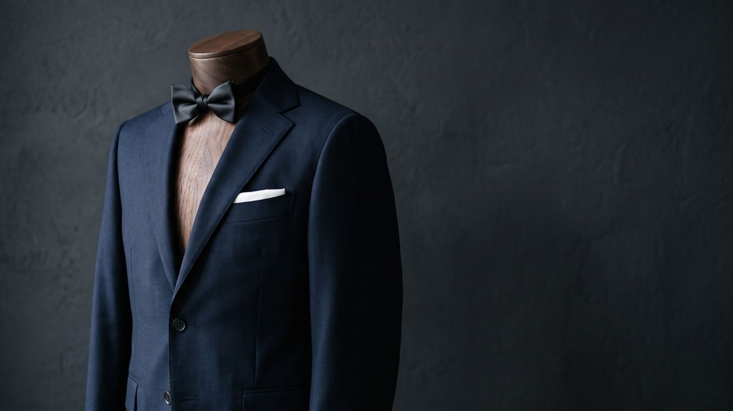 Young man in a well-fitted navy suit standing next to a tuxedo displayed on a wooden hanger, neutral gray studio background, confident posture