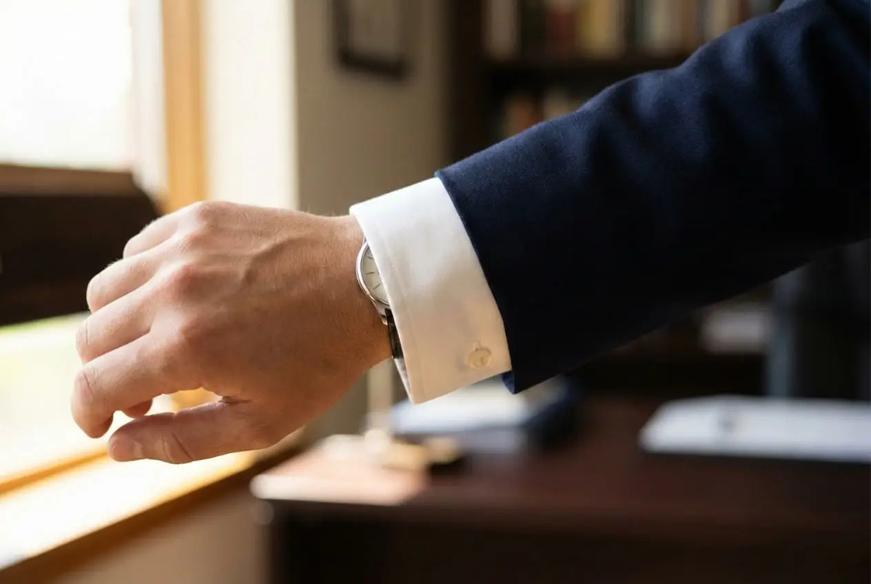 White dress shirt cuff extending half an inch beyond a navy suit jacket sleeve at the wrist