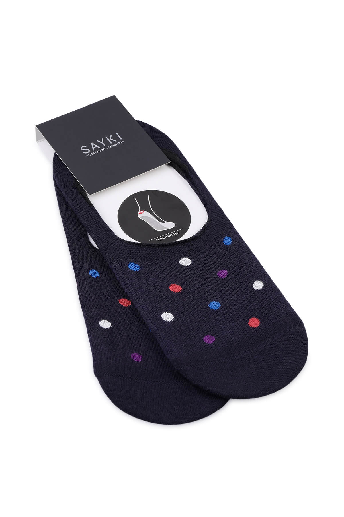 Purple polka dot no-show socks featuring dark blue ankle design with colorful red white blue and purple polka dots