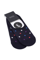 Purple polka dot no-show socks featuring dark blue ankle design with colorful red white blue and purple polka dots