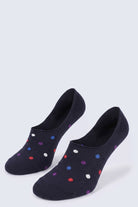 Black no-show ankle socks with colorful red white blue and purple polka dots for casual wear