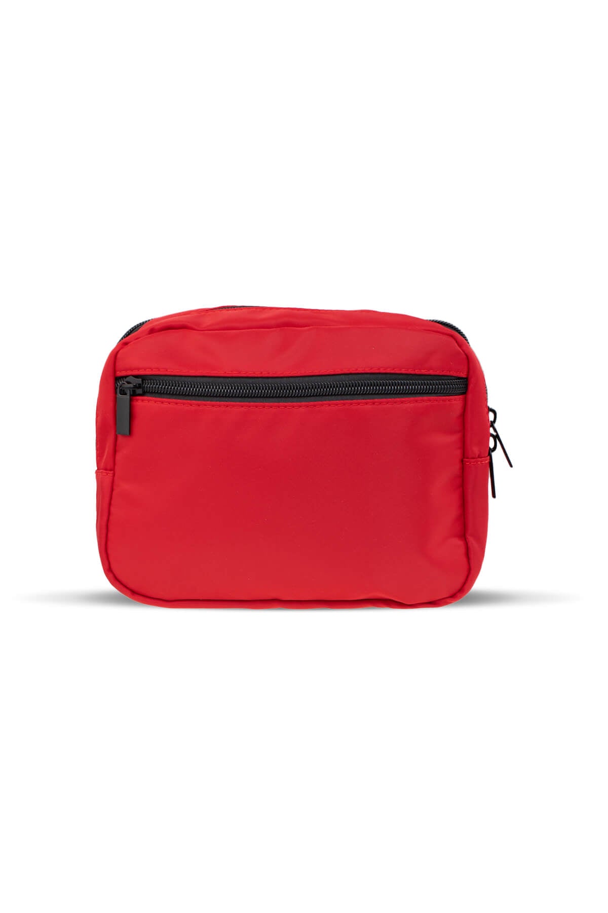 Red rectangular toiletry bag with black zippers and a sleek, minimalist design.