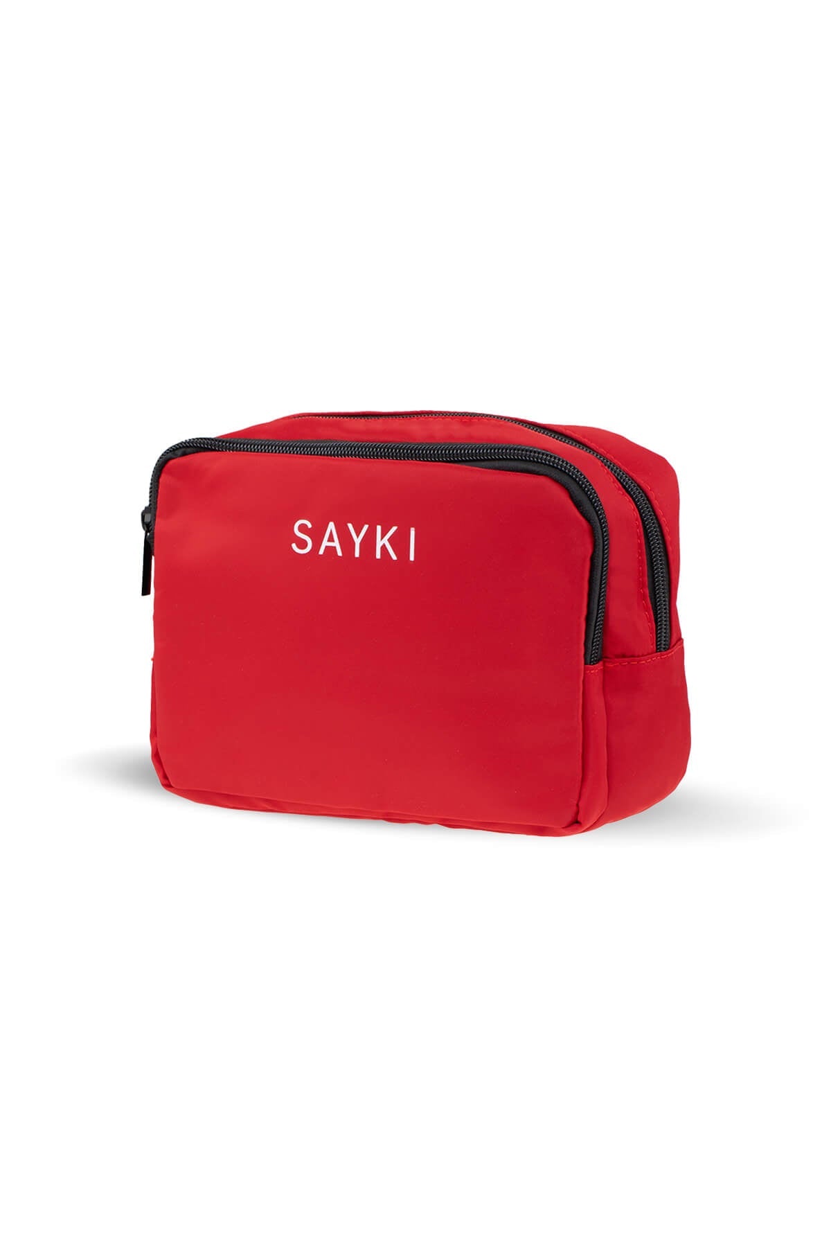 Red sayki toiletry bag with black zipper trim.