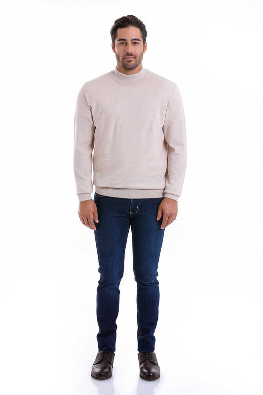 Regular Fit 100% Cotton Beige Mock Neck Sweater - SAYKI