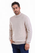 Regular Fit 100% Cotton Beige Mock Neck Sweater