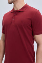 Regular fit cotton burgundy polo t-shirt with textured knit fabric classic collar and matching buttons