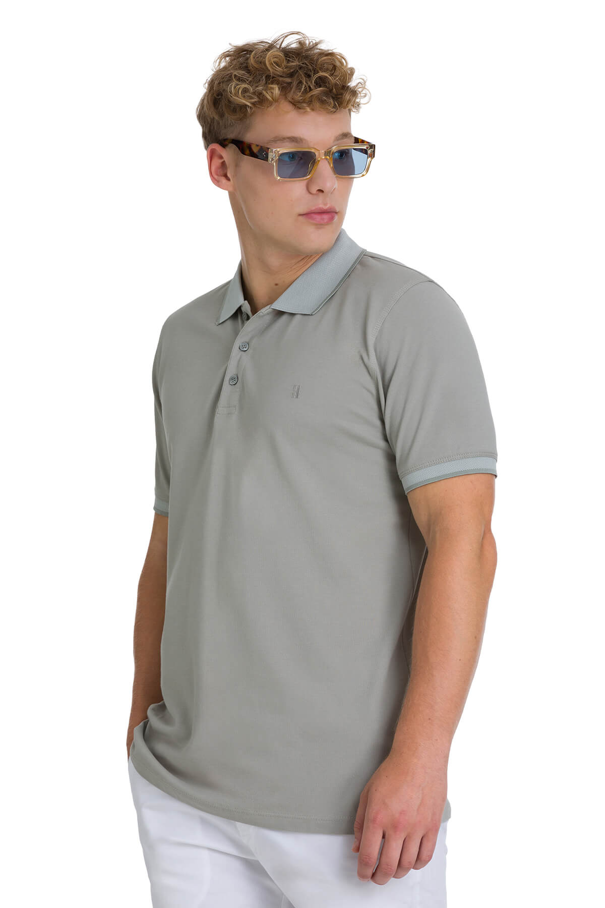 Regular fit cotton light khaki polo t-shirt with subtle contrast collar and sleeve trim in light gray color