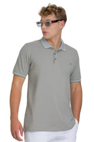 Regular fit cotton light khaki polo shirt with matching collar, sleeve cuffs, buttoned placket, and embroidered logo